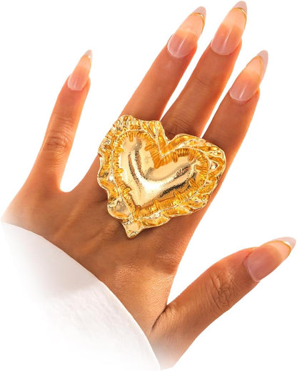 Party jewelry large heart ring in gleaming gold finish