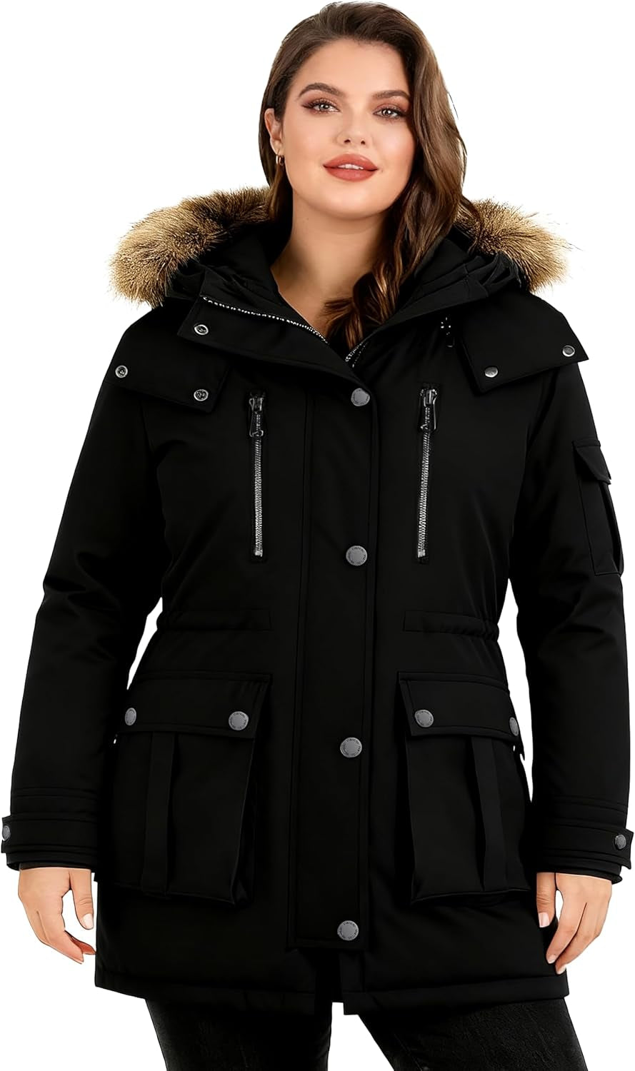 Plus size parka coat side profile displaying length and fit