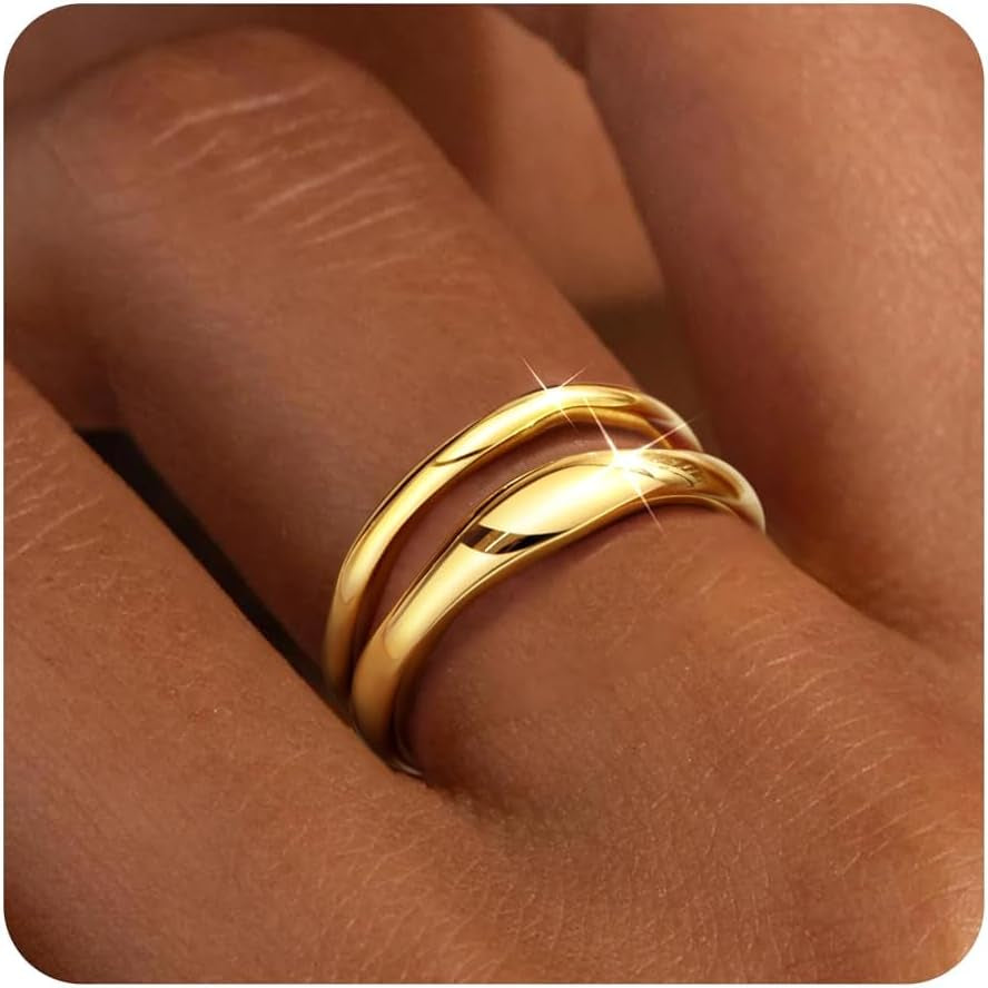 Stackable Gold Rings for Women Non Tarnish, Dainty 14K Gold Plated Chunky Stacking Rings Trendy Statement Pinky Thumb Rings Engagement Eternity Wedding Band Ring Stacking Gold Jewelry Size 4 5 6 7 8 9 10 11