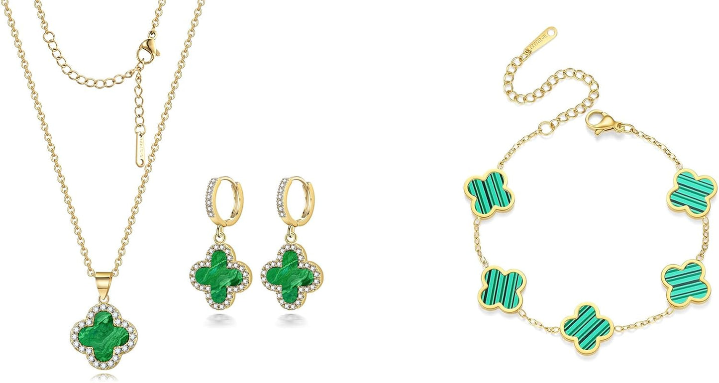 Lucky Clover Sets Clover Necklace and Earrings Set Four Leaf Clover Bracelet 18K Gold Plated Fashion Cute Jewelry for Women