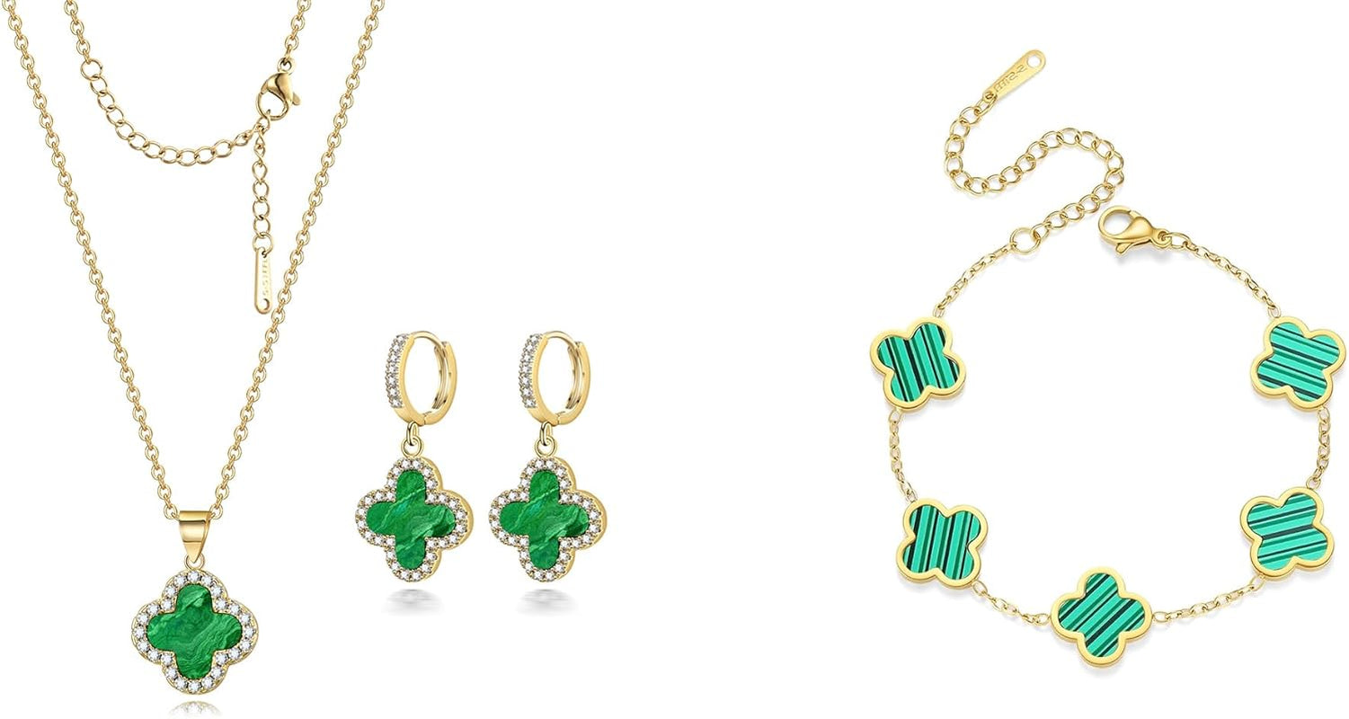 Lucky Clover Sets Clover Necklace and Earrings Set Four Leaf Clover Bracelet 18K Gold Plated Fashion Cute Jewelry for Women