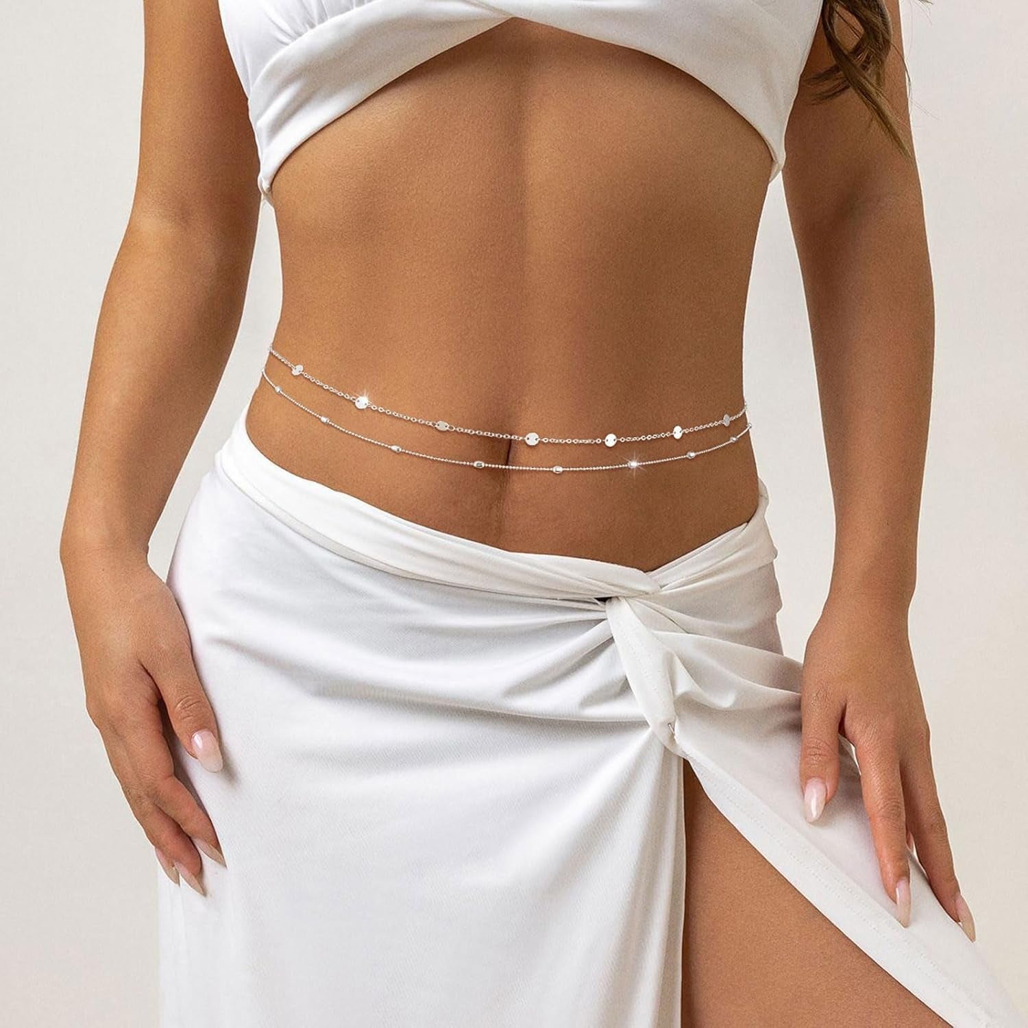 2PCS Gold Silver Waist Chain Adjustable Layered Belly Chain Body Chain Jewelry for Women Sexy Bikini Beach Boho Pearl Beaded Cuban Satellite Waist Chains