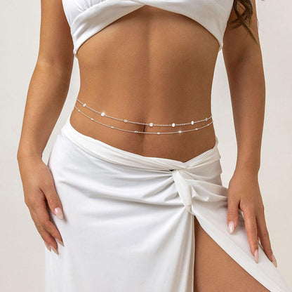 2PCS Gold Silver Waist Chain Adjustable Layered Belly Chain Body Chain Jewelry for Women Sexy Bikini Beach Boho Pearl Beaded Cuban Satellite Waist Chains