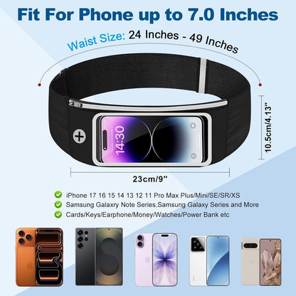 Three pocket running waist pack showing phone holder and storage compartments