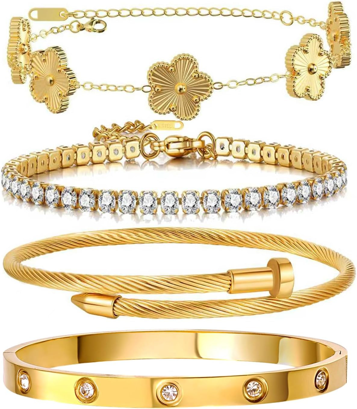 Gold Bracelets for Women, 18K Gold Plated Women Tennis Bracelets Clover Nail Love Bangle Bracelet Set, Gold Bracelet Stackable Set Trendy Jewelry, Gifts for Women'S Day and Mother'S Day