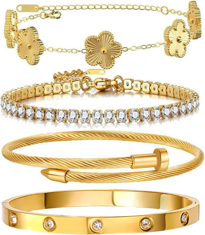 Gold Bracelets for Women, 18K Gold Plated Women Tennis Bracelets Clover Nail Love Bangle Bracelet Set, Gold Bracelet Stackable Set Trendy Jewelry, Gifts for Women'S Day and Mother'S Day