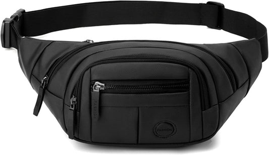 Black large fanny pack for women with multiple zipper pockets displayed front view