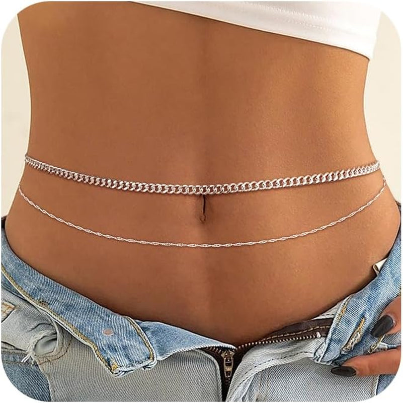CHESKY 14K Gold Plated Silver Plated Waist Chain for Women, Layered Belly Belt Chains Beach Waist Beads Chain Waterproof Snake Cuban Body Chain Summer Jewelry Accessories for Women