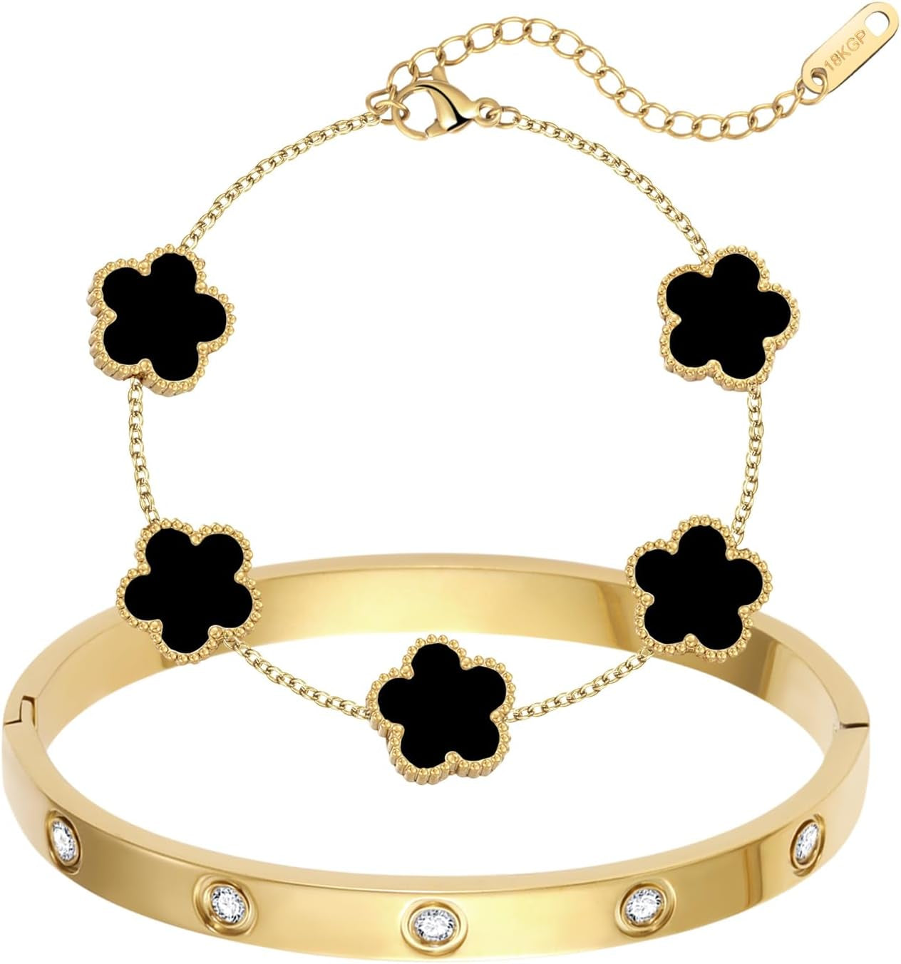 Two-piece 18K gold plated clover bracelet set for women with charm detail