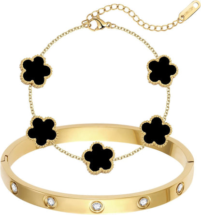 Two-piece 18K gold plated clover bracelet set for women with charm detail