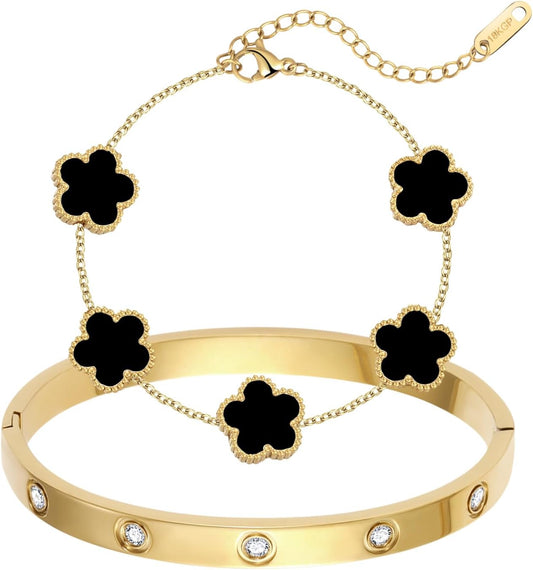 2Pcs 18K Gold Plated Clover Bracelet Set for Women Love Bangle Bracelet Adjustable Charm Stack Lucky Bracelets Cute Gold Bracelets Link Trendy Jewelry Gift for Birthday Christmas Valentine'S Day