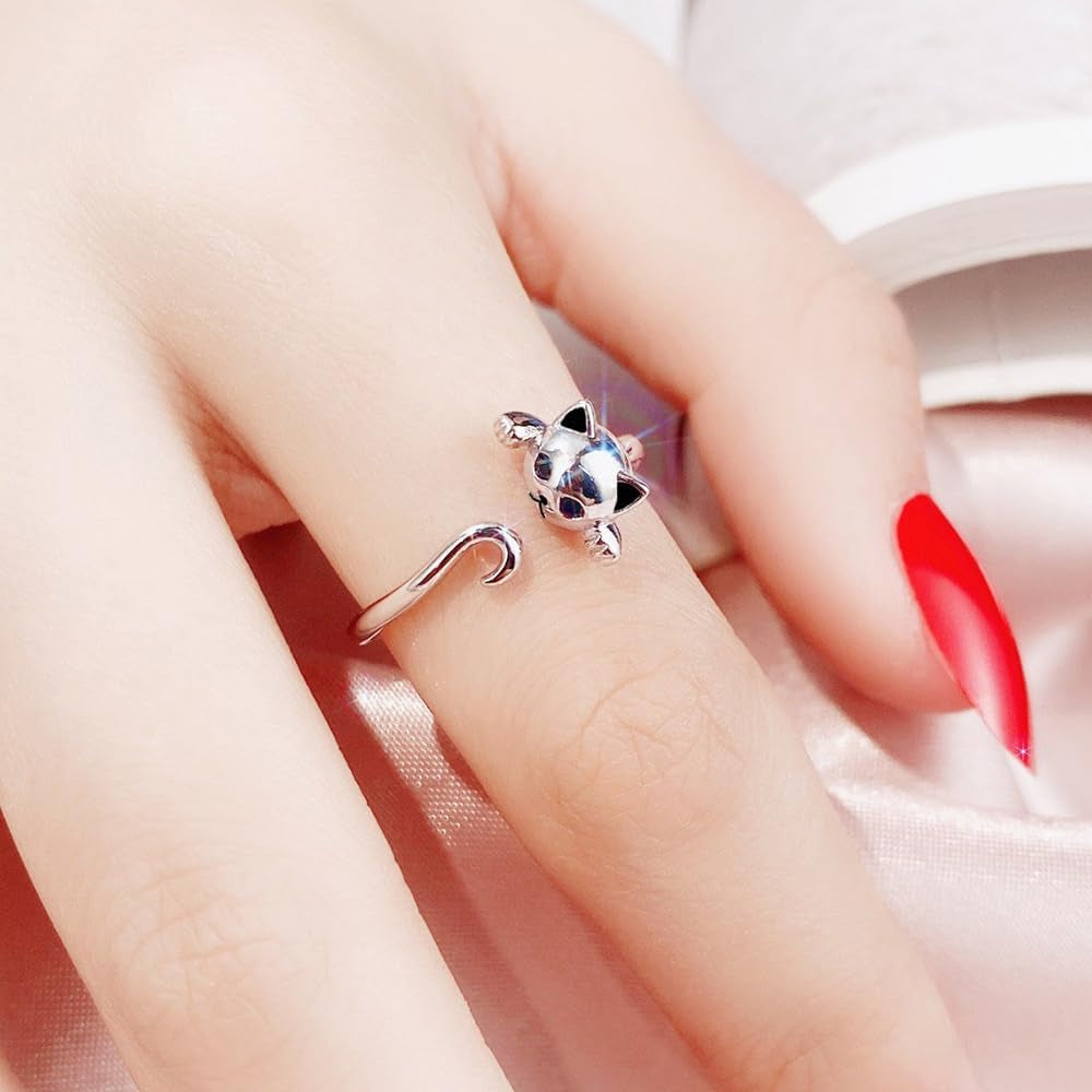 White Gold Plated Cat Statement Ring Personalized Accessory Ideal for Women'S Daily Casual Wear Party Holiday Anniversary Love Jewelry Gift