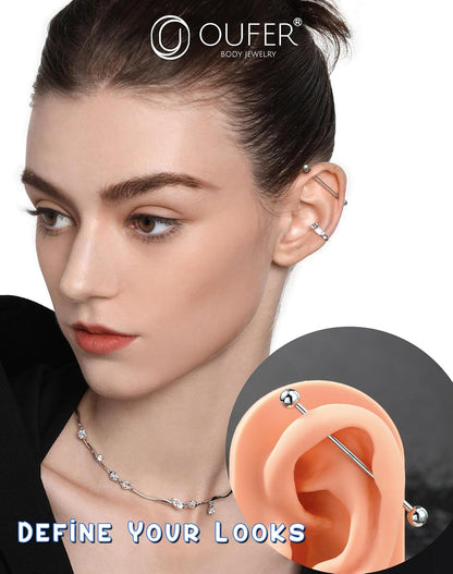 OUFER Industrial Piercing Jewelry, 925 Sterling Silver Industrial Bar Jewelry, 14G Industrial Jewelry, Industrial Barbells, Industrial Earrings for Women Men