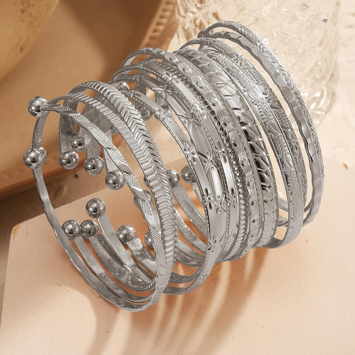 14K gold plated open bangles in boho style stacked together