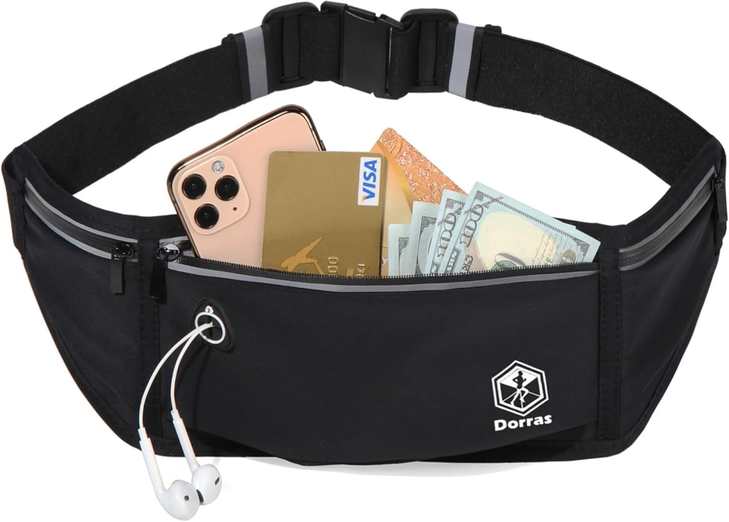 Slim running belt demonstrating water-resistant nylon material protection