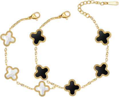 Unique 18K Gold Four Leaf Clover Bracelet for Women White Gold Lucky Link Clover Bracelets, Trendy Bracelets Set Jewelry Gifts for Women