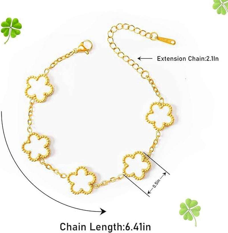 18K Gold Plated Clover Bracelet Set for Women,White Black Fashion Four Leaf Clover Lucky Bracelets,Trendy Link Bracelets Set Jewelry Gifts for Women