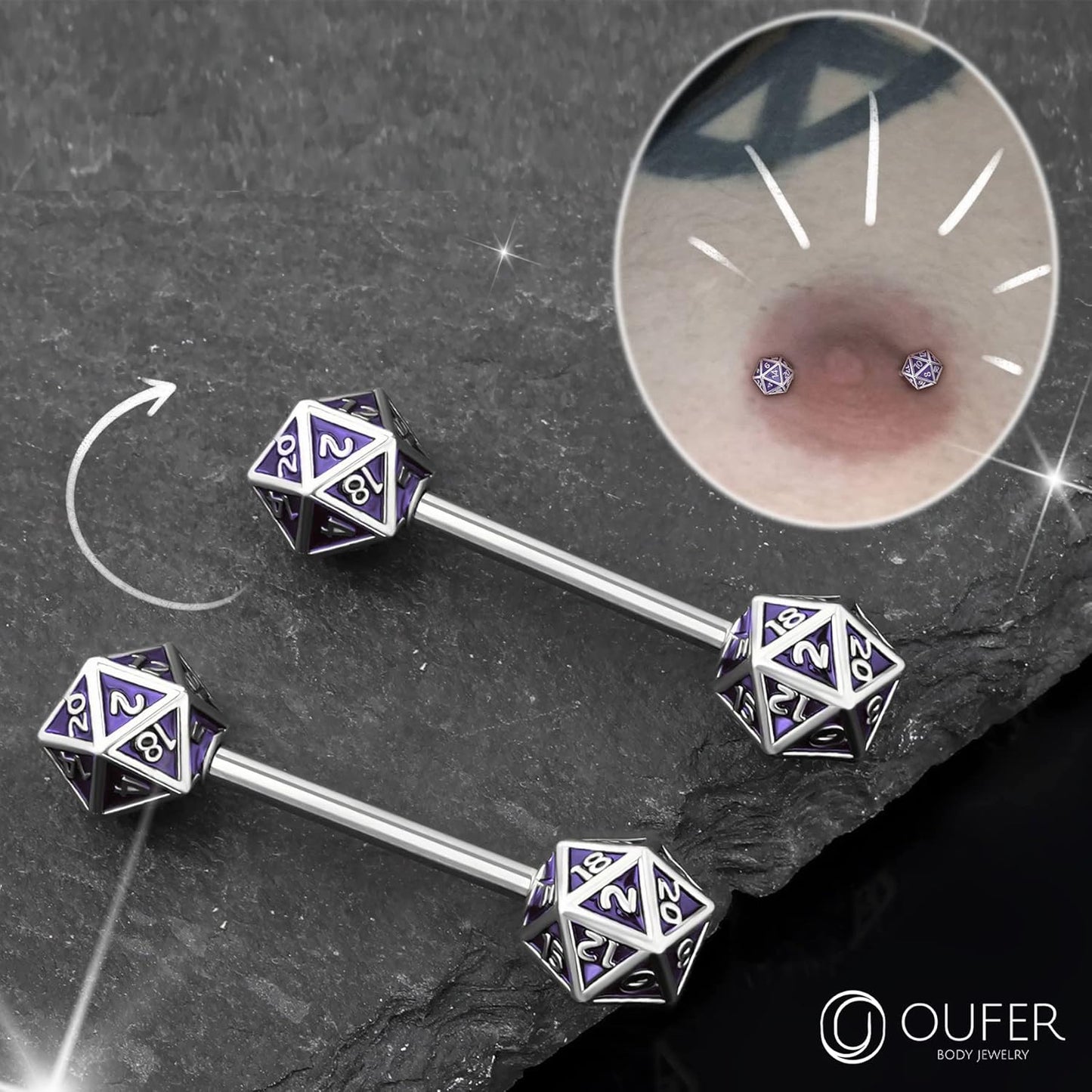OUFER 2PCS Icosahedron Dice Nipple Rings, 14G 316L Surgical Steel Nipple Barbells, Nipple Jewelry for Women