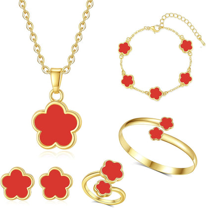 Clover Jewelry Set for Women Non Tarnish Gold-Tone Five Leaf Clover Necklace, Earrings, Ring, Bracelet Fashion Simple Floral Jewelry Set