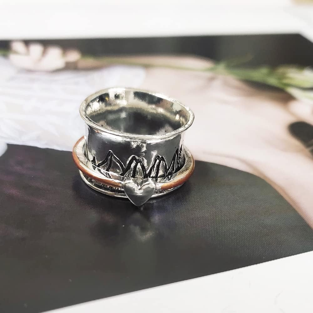 Mountain Love Heart Spinning Ring Keep Climbing Statement anti Anxiety Fidget Rotate Freely Inspirations Stress Relief Finger Band Rings for Women Men Birthday Christmas Personalized Jewelry Gifts
