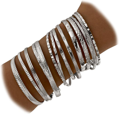 Gold stackable bangles bracelets for women 14K gold plated multi-layer set