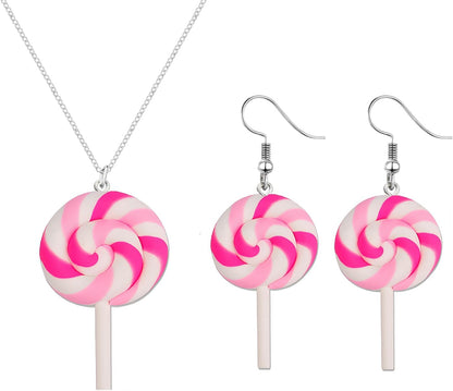 Christmas Lollipop Necklace Earrings Set for Women Creative Simulation Food Lollipop Dangle Earrings Cute Lightweight Colorful Rainbow Lollipop Necklace Charm Xmas Party Accessories Jewelry