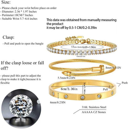 Gold Bracelets for Women-4Pcs/3Pcs,18K Gold Plated Bangle Tennis Bracelets Stack Set for Women Trendy Non Tarnish Stainless Steel Gold Bangles Accessories Designer Jewelry