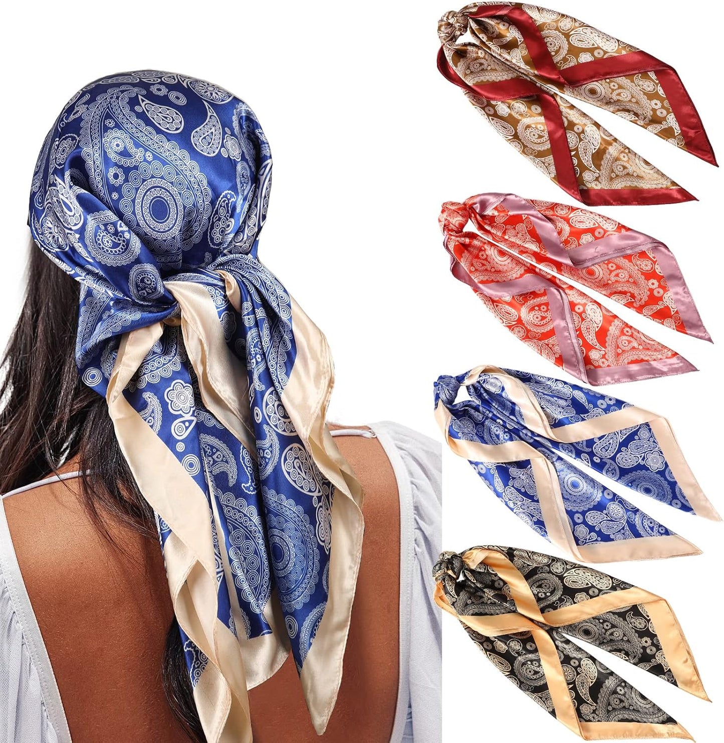 AWAYTR 35” Satin Large Square Head Scarves - 4PCS Silk like Neck Scarf Hair Sleeping Wraps Satin Silk Scarfs for Women