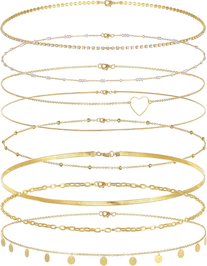 Tornito 8Pcs Waist Belly Chain CZ Heart Pearl Snake Bead Sequin Paperclip Belly Chain Summer Beach Sexy Body Chains Jewelry Accessories for Women Adjustable