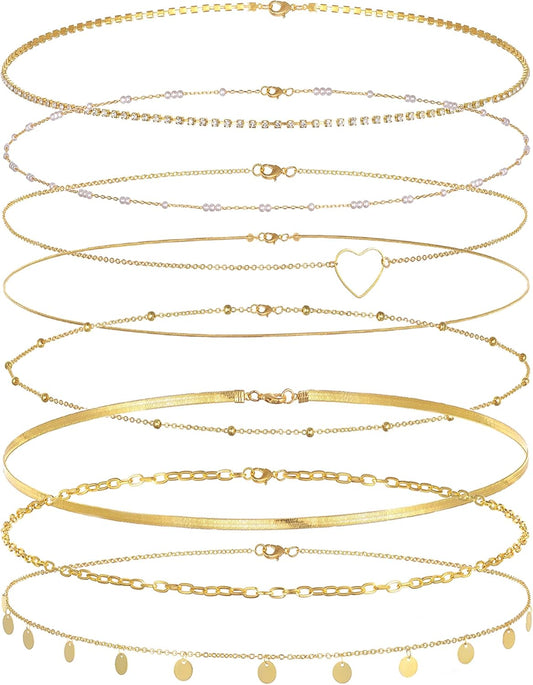 Tornito 8Pcs Waist Belly Chain CZ Heart Pearl Snake Bead Sequin Paperclip Belly Chain Summer Beach Sexy Body Chains Jewelry Accessories for Women Adjustable