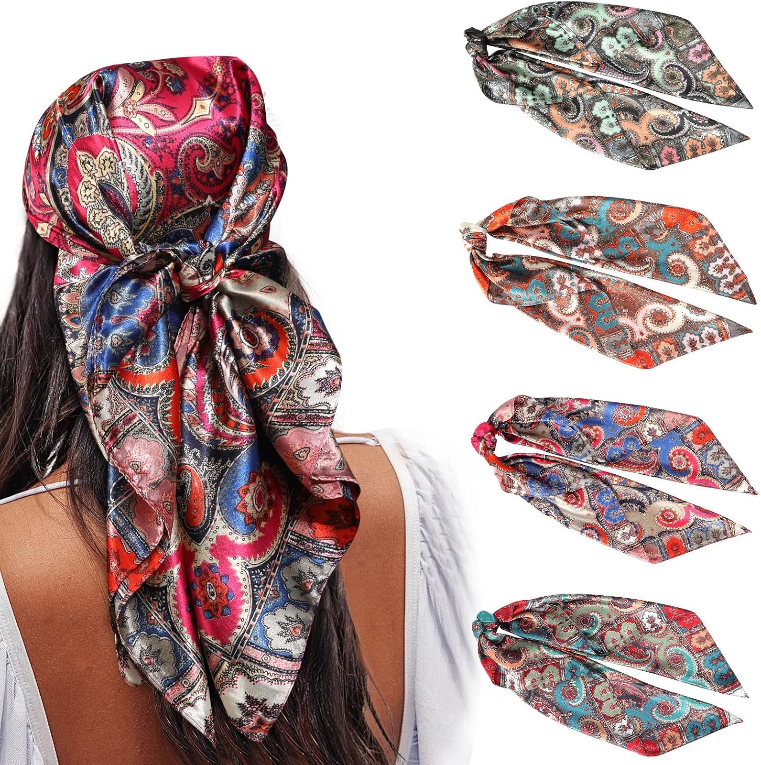 AWAYTR 35” Satin Large Square Head Scarves - 4PCS Silk like Neck Scarf Hair Sleeping Wraps Satin Silk Scarfs for Women