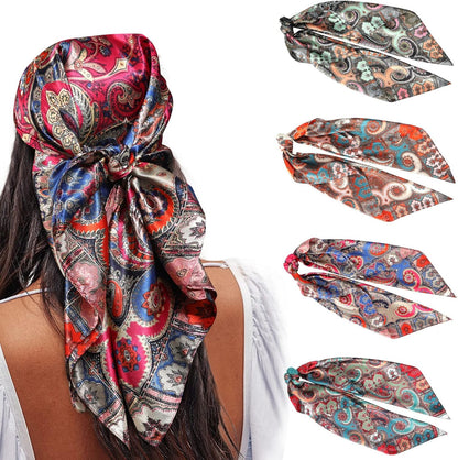 AWAYTR 35” Satin Large Square Head Scarves - 4PCS Silk like Neck Scarf Hair Sleeping Wraps Satin Silk Scarfs for Women