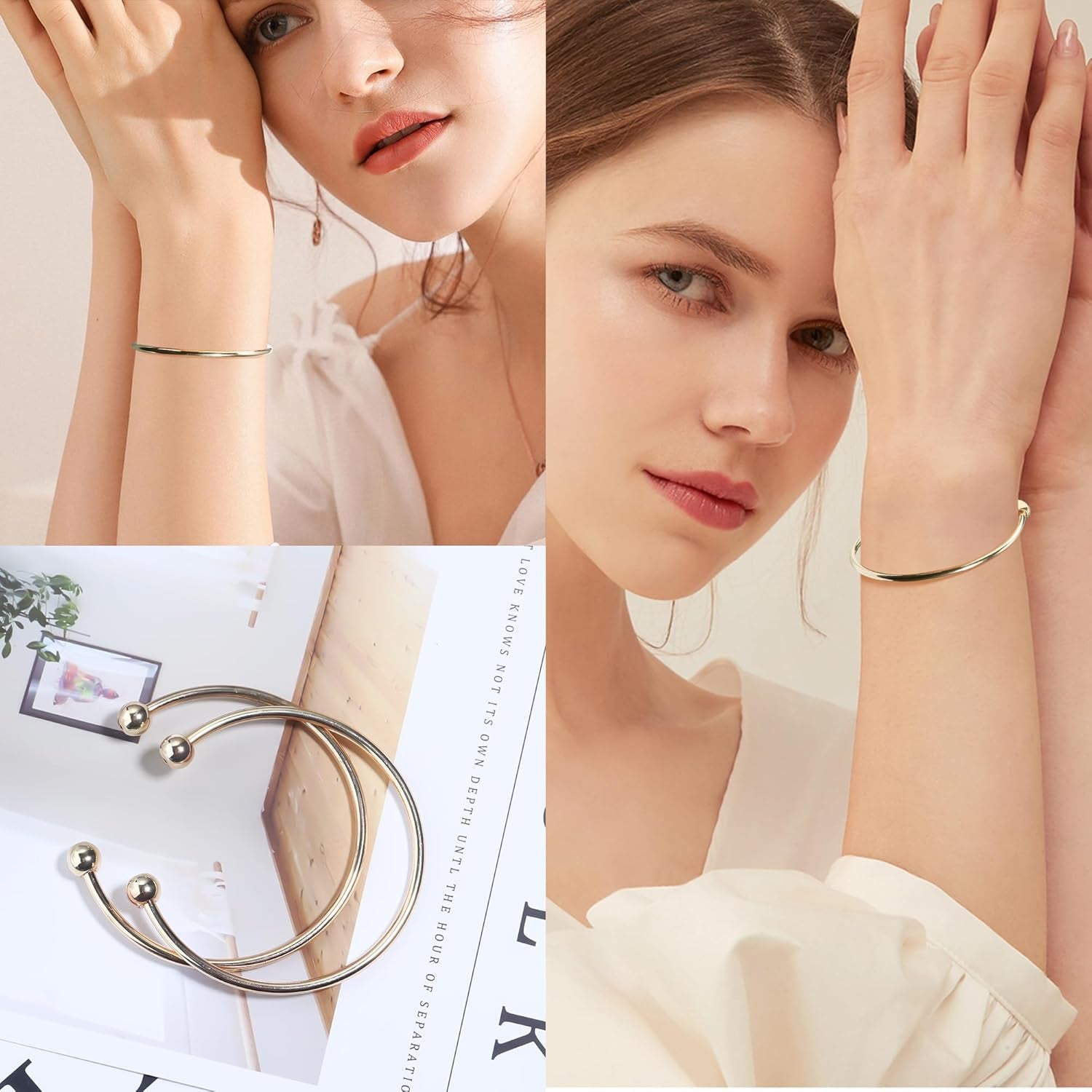 Stainless Steel Adjustable Bangle Bracelets for Women Gold/Silver/Rhodium Plated Simple Bangles Bracelets 3Mm Stacking Open Cuff Bangles Set 2 Pcs/Lot Gifts Jewelry