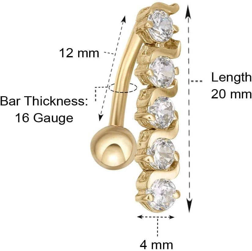 Lavari Jewelers 16 Gauge Top Mount Belly Ring for Women - 10K White or Yellow Gold 12 Mm Cubic Zirconia Belly Ring for Her - CZ Unisex Stud Hypoallergenic Piercing Jewelry - 16G Body Piercing for Men