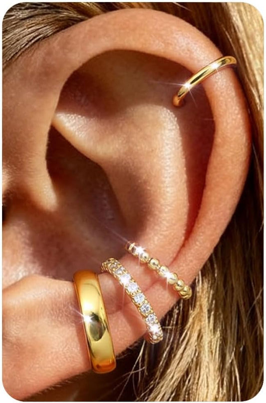 𝟒𝐏𝐚𝐢𝐫𝐬 14K Gold Plated Ear Cuff Earrings for Women Non Piercing - Hypoallergenic Ear Cuffs 14K Silver/Gold Plated Non Tarnish Clip on Cartilage Earrings Fake Earring Set Trendy Jewelry