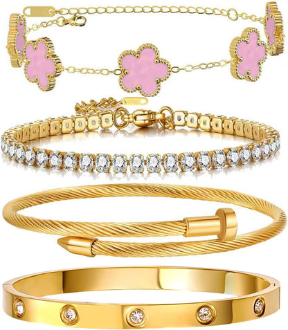 Trendy stackable gold tennis bracelets worn by woman
