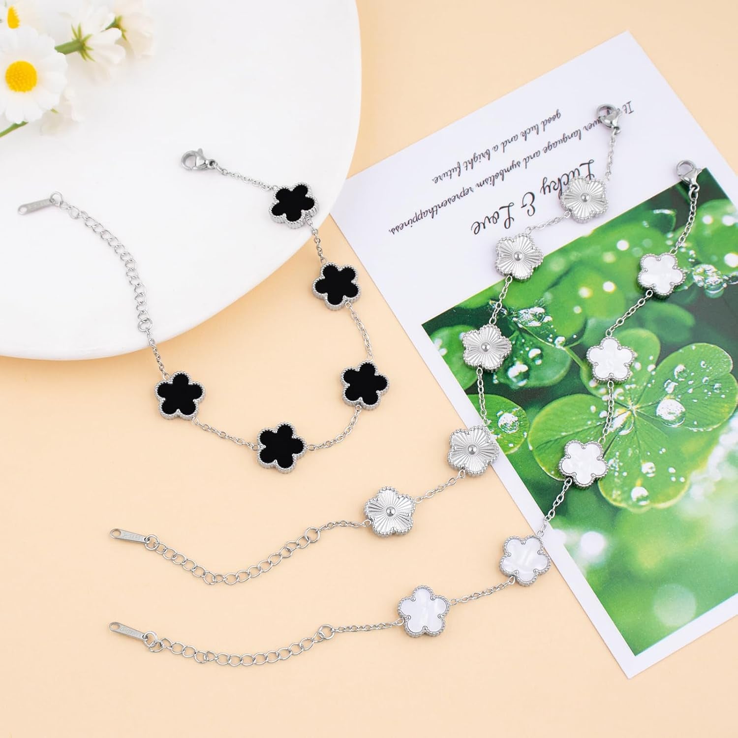 18K Silver/Gold Bracelets Set for Women (Skin-Friendly&Fade-Resistant) Four Leaf Clover Trendy Lucky Bracelet (Double Sided) Silver/Gold Jewelry Set for Women Birthdays Holidays Gifts 3Pcs