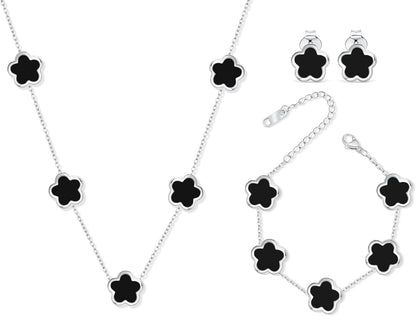 Five Leaf Clover Jewelry Set for Women |18K Gold Plated Bracelet Necklace Earrings | 5 Leaf Lucky Choker and Ear Studs for Mother and Daughter