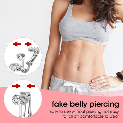 2 Pcs Clip on Fake Belly Button Piercing for Women, Butterfly and Heart Shaped Non-Piercing Silver Fake Belly Button Ring Jewelry for Women