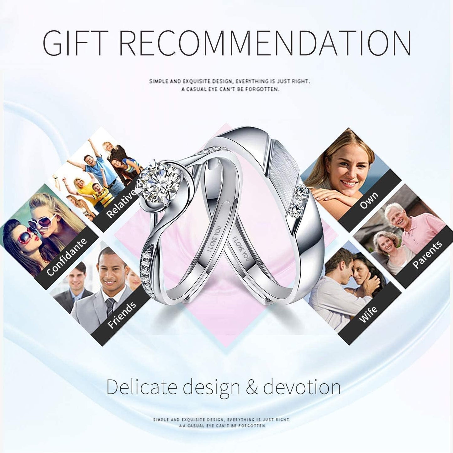 Sunamy Endless Love Matching Couple Rings for Him and Her Set, Adjustable S925 Silver Romantic Heart Design, Engagement Ring