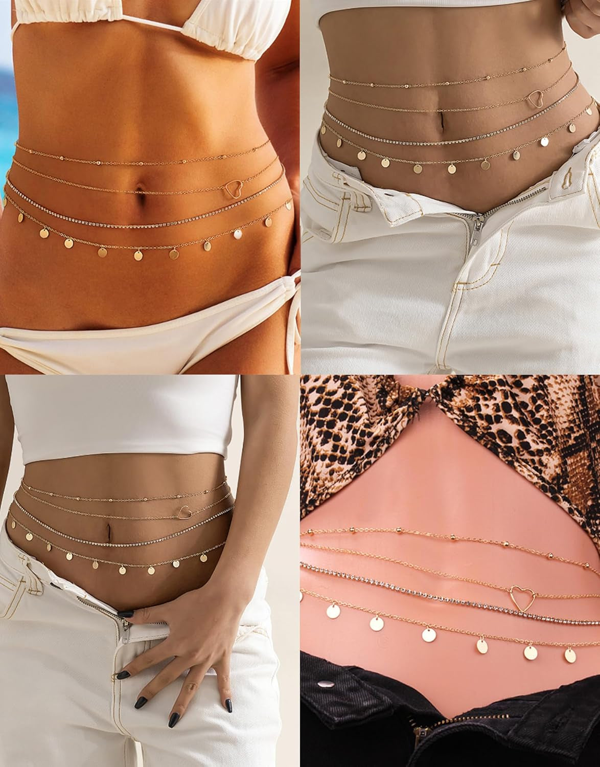 Tornito 8Pcs Waist Belly Chain CZ Heart Pearl Snake Bead Sequin Paperclip Belly Chain Summer Beach Sexy Body Chains Jewelry Accessories for Women Adjustable