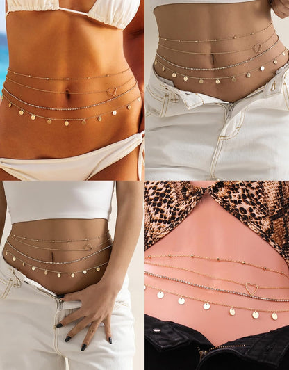 Tornito 8Pcs Waist Belly Chain CZ Heart Pearl Snake Bead Sequin Paperclip Belly Chain Summer Beach Sexy Body Chains Jewelry Accessories for Women Adjustable