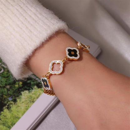 Four Leaf Clover Bracelets for Women, 18K Gold Plated Clover Jewelry Set-Tone with Green Enamel Clover Charms, Crystal Accents, Elegant Gift for Women Packed in a Packaging Box (Black)