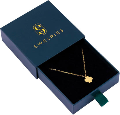 Four Leaf Clover Necklace - 18K Gold Plated Cute Shamrock Necklaces, Unique Dainty Heart Jewelry, Lucky Charm Pendant for Women