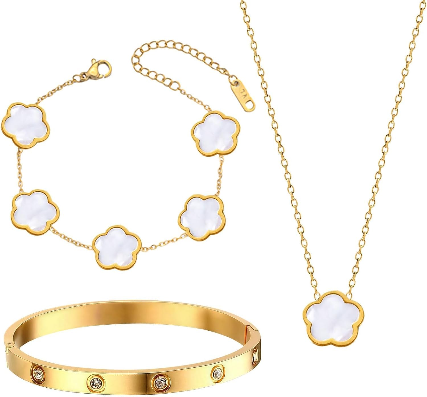 3 Pcs Four-Leaf Clover Jewelry for Women, 18K Gold Plated Stainless Steel Necklace, Bracelet Set, Gold Bracelet Cubic Zirconia Bangle, Clover Jewellery Set for Mother'S Day, Valentine'S Day