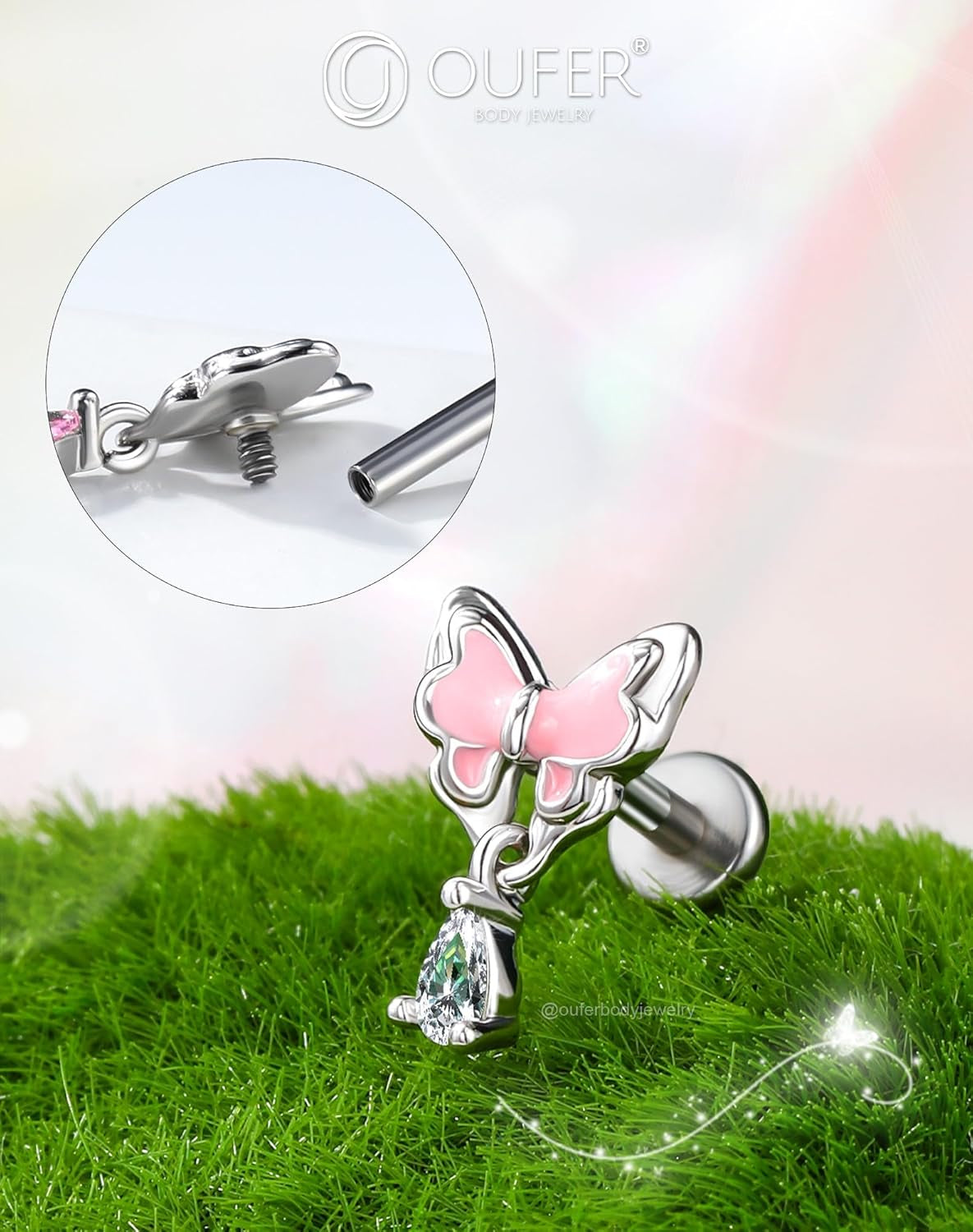 OUFER Pink Dangle Butterfly Cartilage Earrings Studs, Silver 16G Helix Earrings Flat Back Internally Threaded Helix Cartilage Tragus Piercing Jewelry for Women Men-6Mm