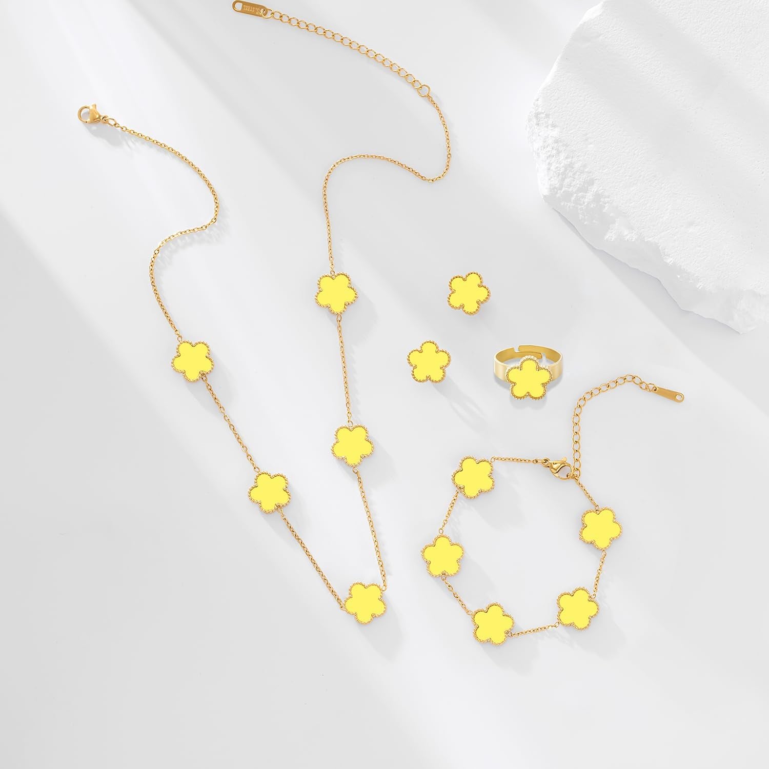 Gold Plated Stainless Steel Four Leaf Clover Bracelet Necklace Earrings and Ring Jewelry Set for Women