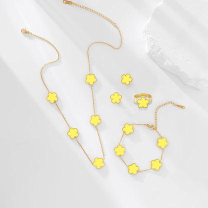 Gold Plated Stainless Steel Four Leaf Clover Bracelet Necklace Earrings and Ring Jewelry Set for Women