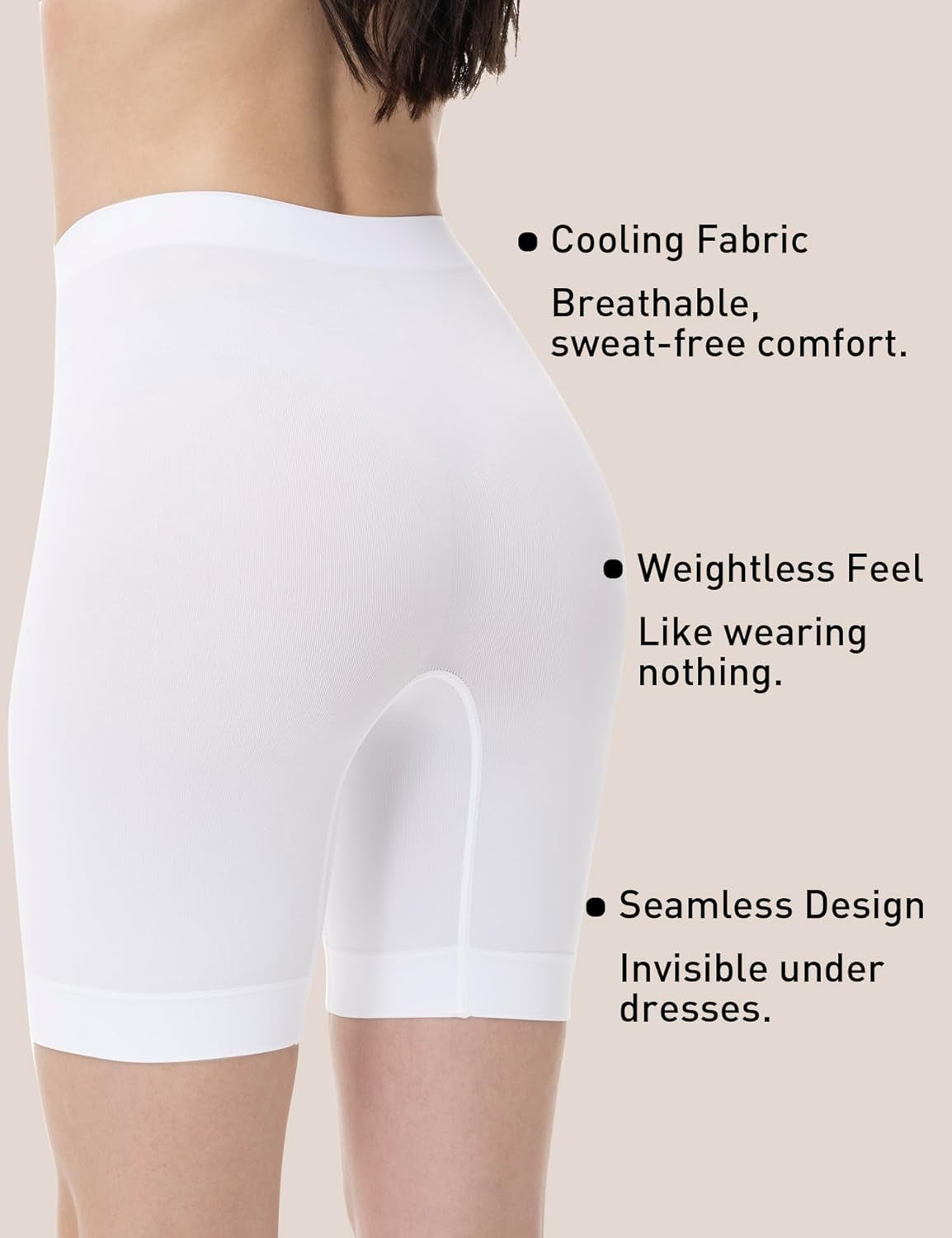 Seamless under-dress shorts in neutral tone on model
