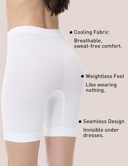 Seamless under-dress shorts in neutral tone on model